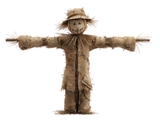 Creepy burlap scarecrow with a stitched smile and outstretched arms held together by nails.