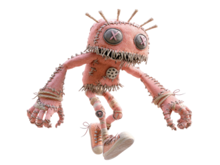 A creepy pink voodoo doll made of burlap with button eyes stitched details and spiky hair walking in sneakers.