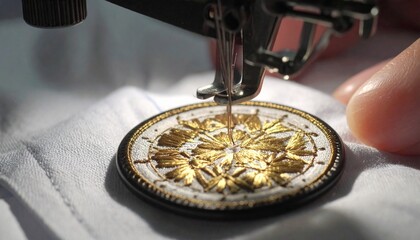 Close-up of a sewing machine embroidering a detailed gold floral design on fabric.
