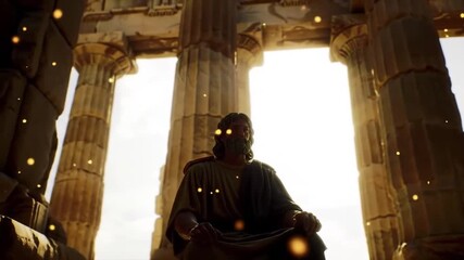 Ancient Philosopher Silhouette Under Greek Columns with Sunlight Dust Particles