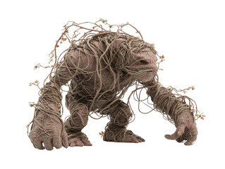 Hunched forest golem a fantasy creature made of tangled vines and roots with glowing red eyes.