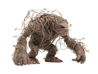 Hunched forest golem a fantasy creature made of tangled vines and roots with glowing red eyes.