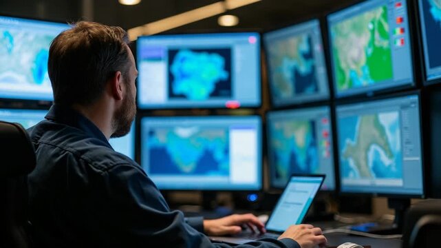 Man attentively monitors weather patterns, flood situations on multiple computer screens in command center. Flood management, disaster preparedness central to work. Tech essential.