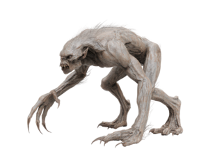 Gaunt pale-skinned monster with long sharp claws and wiry hair snarling aggressively.