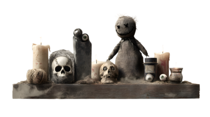 Spooky Halloween altar with skulls, candles, voodoo doll, and spooky eyeballs, perfect for horror and themed decorations