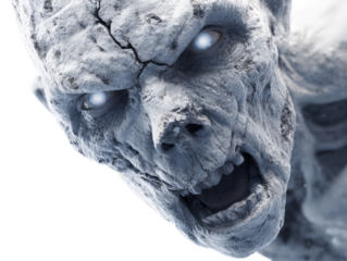 Fearsome stone monster with cracked skin glowing white eyes and an aggressive snarl.