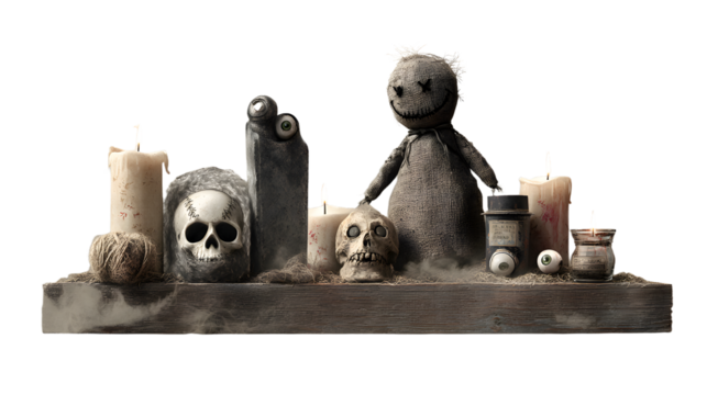 Spooky Halloween altar with skulls, candles, voodoo doll, and spooky eyeballs, perfect for horror and themed decorations