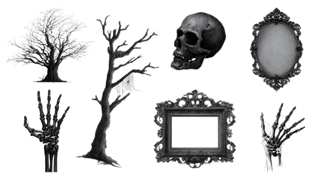 Spooky Halloween decorations including skeleton hands, bare trees, skull, and vintage gothic picture frames, perfect for horror or fall-themed design projects