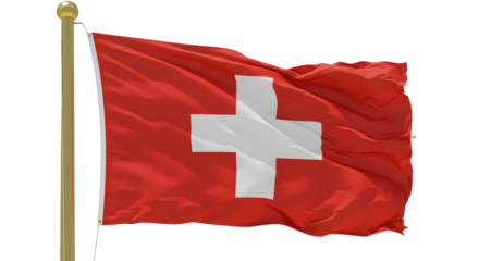 Swiss flag waving on a flagpole with red background and white cross, representing Switzerland, perfect for international and travel themes