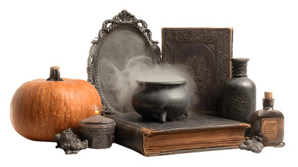 Vintage Halloween setup with pumpkin, cauldron emitting mist, antique books, ornate mirror, and potion bottles, perfect for spooky decorating or witchcraft themes