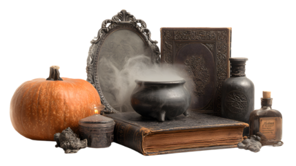 Vintage Halloween setup with pumpkin, cauldron emitting mist, antique books, ornate mirror, and potion bottles, perfect for spooky decorating or witchcraft themes