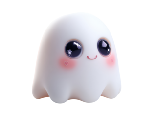 Adorable white ghost character with large sparkling eyes a sweet smile and pink heart blush.