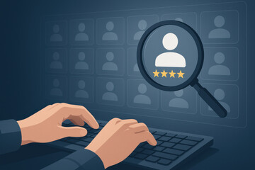 Hands typing on keyboard with magnifying glass highlighting user profile and star rating