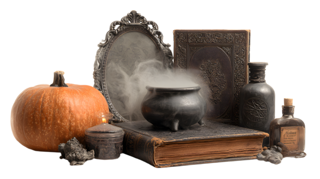 Vintage Halloween setup with pumpkin, cauldron emitting mist, antique books, ornate mirror, and potion bottles, perfect for spooky decorating or witchcraft themes