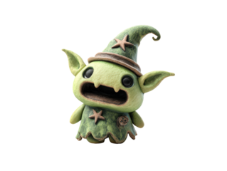 Cute green goblin wizard with a textured clay-like appearance wearing a pointy hat with stars.