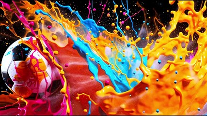 A soccer ball bursts through a splash of vibrant colors against a dark background, creating a vivid contrast that highlights the energy and excitement of the sport