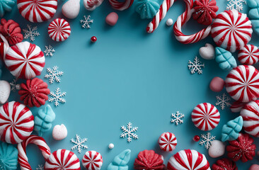 Christmas background with candy canes and snowflakes on blue background