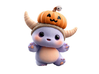 Adorable furry purple monster with horns wearing a smiling jack-o-lantern pumpkin hat.
