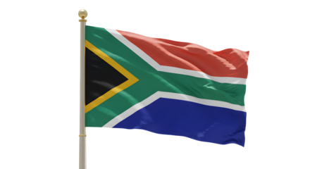 Waving South African flag on pole with vibrant colors against white background, perfect for national celebrations and cultural events