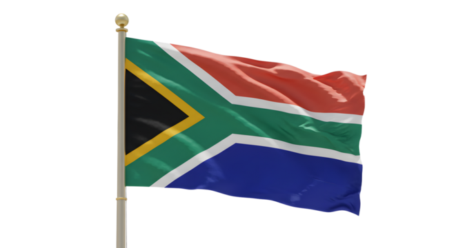 Waving South African flag on pole with vibrant colors against white background, perfect for national celebrations and cultural events