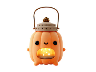 Obraz premium A cute smiling pumpkin-shaped lantern with a gold handle glowing with warm star-shaped lights.