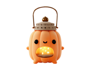 A cute smiling pumpkin-shaped lantern with a gold handle glowing with warm star-shaped lights.