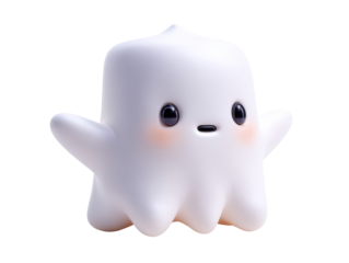 Cute white ghost figurine with glossy black eyes rosy cheeks and outstretched arms.