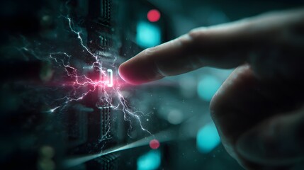 Futuristic finger pressing glowing power switch with electric sparks, symbolizing digital technology, energy, innovation, and cyber power.