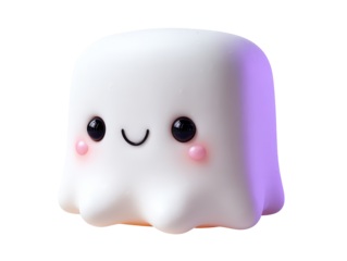 A cute smiling ghost-shaped night light with glossy black eyes and glowing pink cheeks.