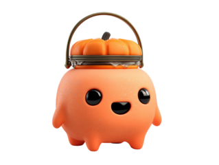 An adorable sparkling orange monster figurine with a pumpkin-shaped lid and a happy smile.