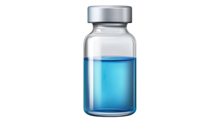 Sterile glass vial with blue liquid medical laboratory sample isolated on white background