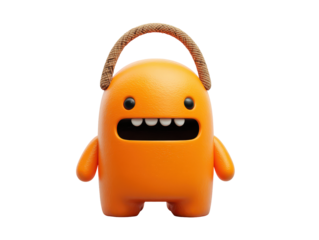 Friendly orange monster character with a textured body wide smile and a rope handle.