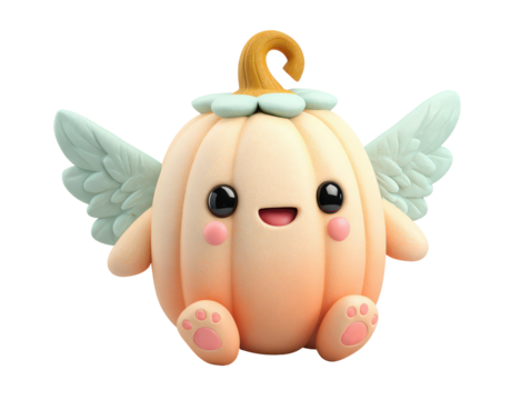 Charming pastel pumpkin angel with mint green wings glossy eyes and a happy smile.
