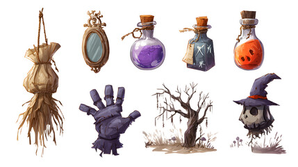 Cartoon style Halloween spooky decorations including hanging herb bundle, magic mirror, potion bottles, ghostly hand, eerie tree, and skull with witch hat, perfect for Halloween designs