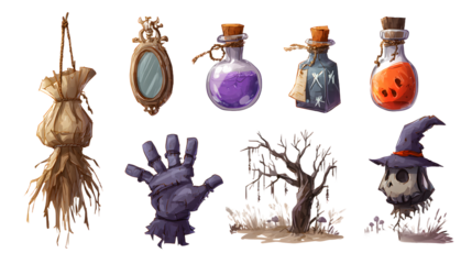 Cartoon style Halloween spooky decorations including hanging herb bundle, magic mirror, potion bottles, ghostly hand, eerie tree, and skull with witch hat, perfect for Halloween designs