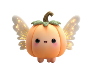 A cute kawaii pumpkin fairy character with large glossy eyes and glowing sparkly wings.