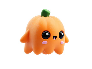 Adorable 3D kawaii pumpkin ghost character with big glossy eyes and a green stem.