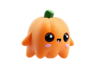 Adorable 3D kawaii pumpkin ghost character with big glossy eyes and a green stem.