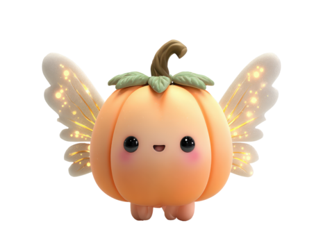 A cute kawaii pumpkin fairy character with large glossy eyes and glowing sparkly wings. - Powered by Adobe