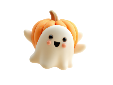 Cute 3D claymation ghost character wearing a textured orange pumpkin with a happy face.