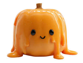 Adorable melting pumpkin character with a glossy glittery orange slime texture and a cute smile.