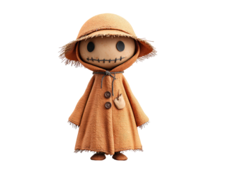 Charming burlap scarecrow doll with button eyes a stitched mouth and a woven straw hat.