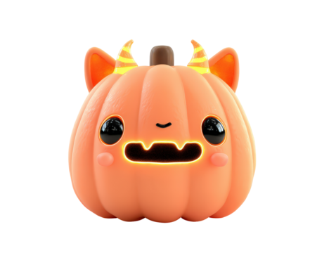 Cute 3D Halloween pumpkin monster with glowing striped horns cat ears and a happy face.