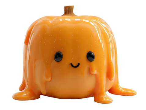 Adorable melting pumpkin character with a glossy glittery orange slime texture and a cute smile. - Powered by Adobe