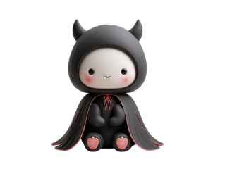 Adorable kawaii character in a black devil costume with a hooded cape horns and fangs.
