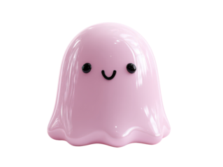 Cute glossy pink ghost with a cheerful smile and shiny black eyes.