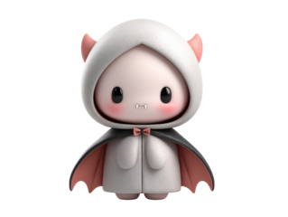 Adorable chibi vampire character in a textured white hood black bat-wing cape and pink bow tie.