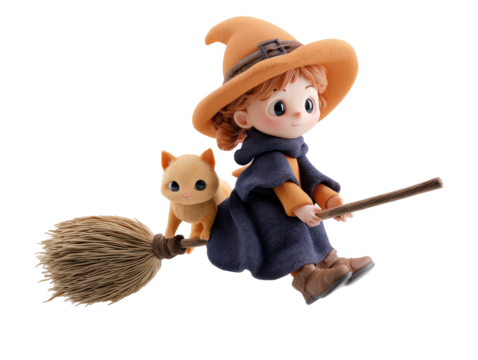 Adorable claymation-style young witch with a ginger cat flying on a detailed broomstick.