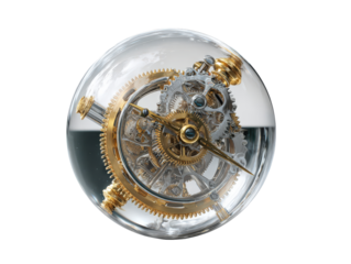 Intricate gold and silver clockwork mechanism with exposed gears inside a liquid-filled glass sphere.