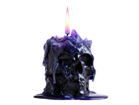 Gothic black skull candle with dripping purple wax and a mystical multicolored flame.